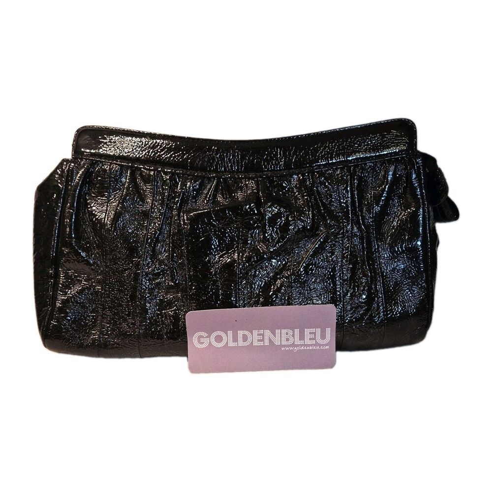 GOLDENBLEU Italy Ruched Black Patent Leather Large Clutch Handbag Zip close